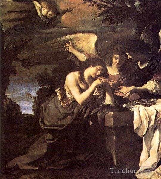 Guercino Peinture à l'huile - Madeleine et deux anges