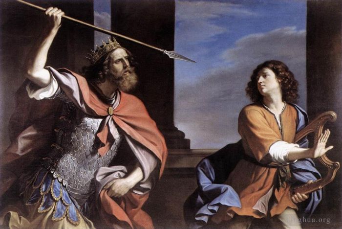 Guercino Peinture à l'huile - Saül attaque David
