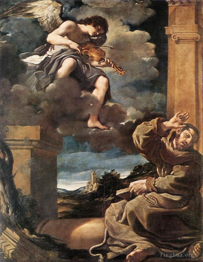 Guercino Peinture à l'huile - Saint François avec un ange jouant du violon