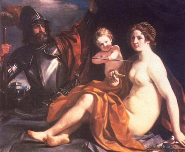 Guercino Peinture à l'huile - Vénus Mars et Cupidon