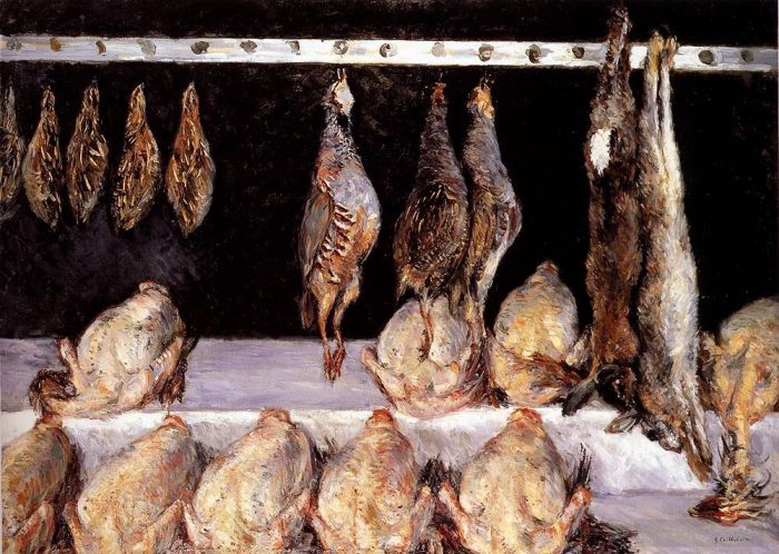 Gustave Caillebotte Peinture à l'huile - Affichage de poulets et de gibier à plumes