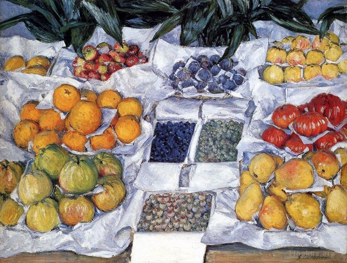 Gustave Caillebotte Peinture à l'huile - Fruits exposés sur un stand nature morte