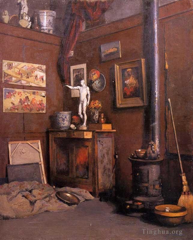 Gustave Caillebotte Peinture à l'huile - Intérieur d'un studio avec poêle