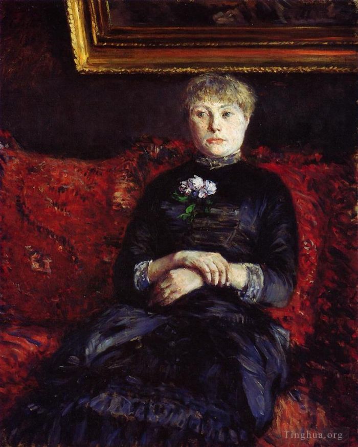 Gustave Caillebotte Peinture à l'huile - Femme assise sur un canapé fleuri rouge