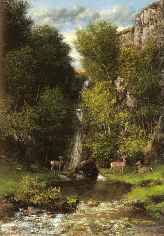 Jean Désiré Gustave Courbet Peinture à l'huile - Une famille de cerfs dans un paysage avec une cascade