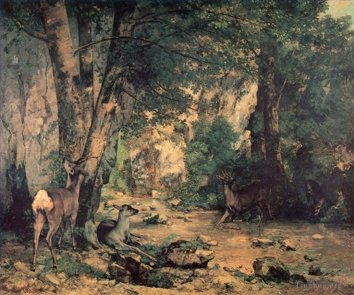 Jean Désiré Gustave Courbet Peinture à l'huile - Un bosquet de cerfs au ruisseau de Plaisir Fountaine