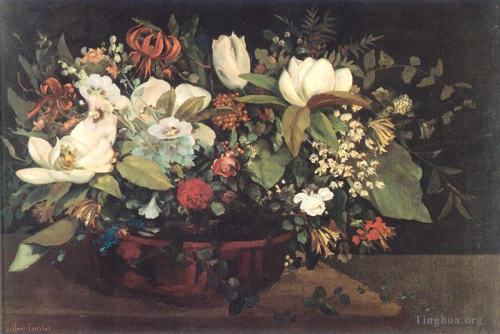 Jean Désiré Gustave Courbet Peinture à l'huile - Panier de fleurs