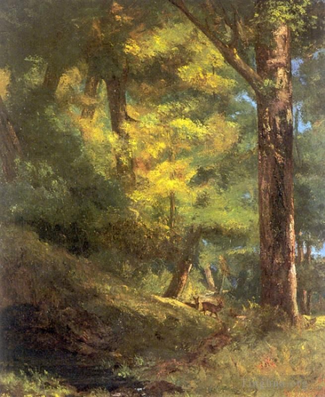 Jean Désiré Gustave Courbet Peinture à l'huile - Deux Chèvre Uils Dans la Forêt