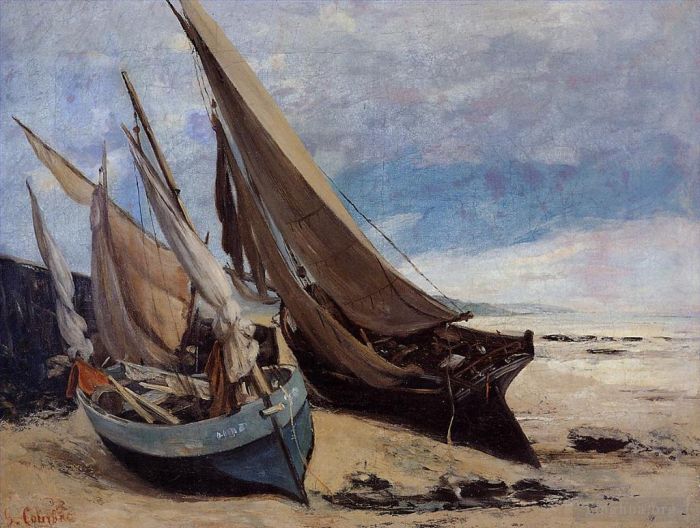 Jean Désiré Gustave Courbet Peinture à l'huile - Bateaux de pêche sur la plage de Deauville