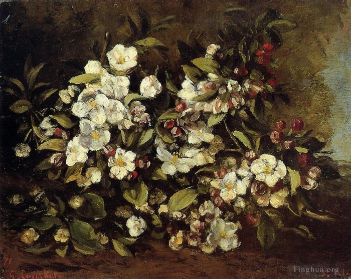 Jean Désiré Gustave Courbet Peinture à l'huile - Branche de pommier en fleurs