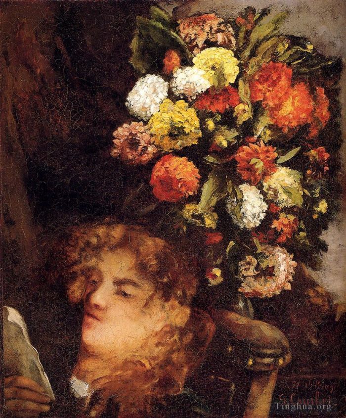 Jean Désiré Gustave Courbet Peinture à l'huile - Tête de femme aux fleurs