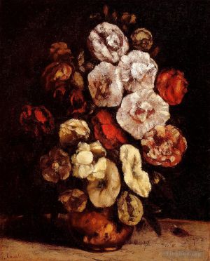 Jean Désiré Gustave Courbet œuvres - Roses trémières dans un bol en cuivre