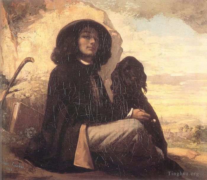 Jean Désiré Gustave Courbet Peinture à l'huile - Autoportrait Courbet avec un chien noir