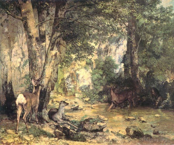 Jean Désiré Gustave Courbet Peinture à l'huile - Le Refuge des Chevreuils au Ruisseau de Plaisir Fontaine Doubs