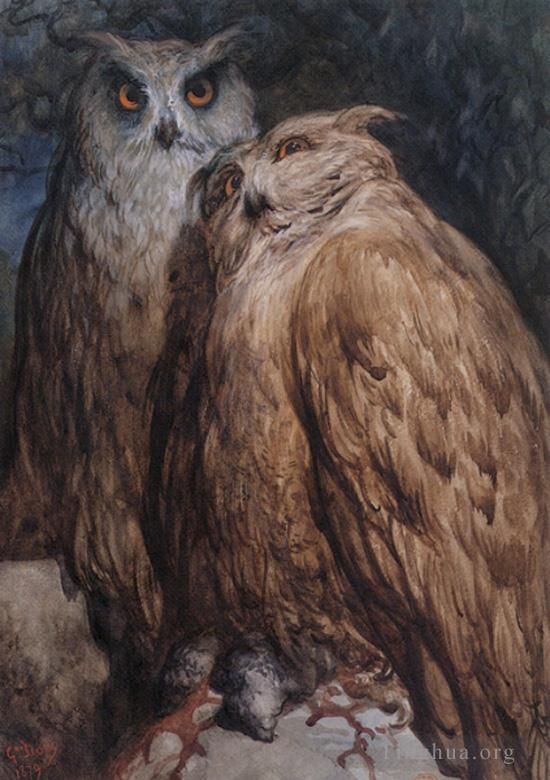 Gustave Doré Peinture à l'huile - Deux chouettes