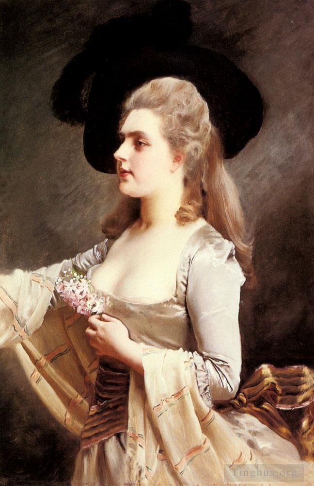 Gustave Jacquet Peinture à l'huile - Une dame élégante au chapeau noir