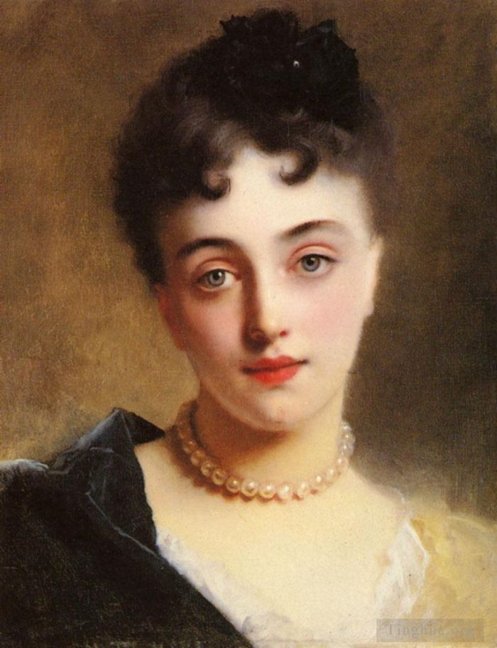 Gustave Jacquet Peinture à l'huile - Une dame élégante avec des perles