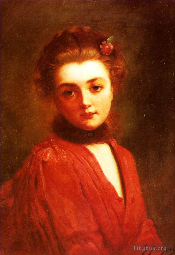Gustave Jacquet Peinture à l'huile - Portrait d'une jeune fille dans une robe rouge