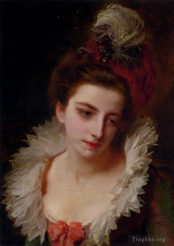 Gustave Jacquet Peinture à l'huile - Portrait d'une dame au chapeau à plumes