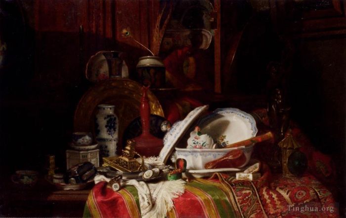 Gustave Jacquet Peinture à l'huile - Trinquier Antoine Guillaume Nature Morte Aux Plats Un Vase Un Chandelier Et Autres Objets