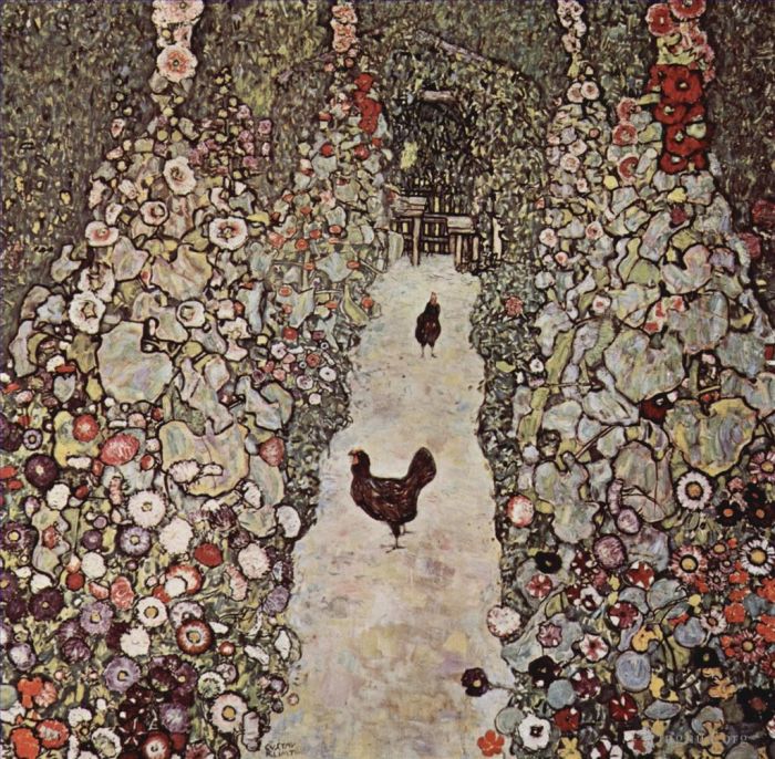 Gustave Klimt Peinture à l'huile - Jardin avec coqs