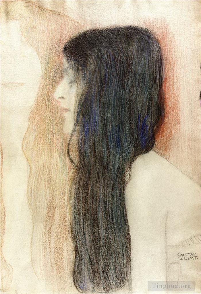 Gustave Klimt Peinture à l'huile - Fille aux cheveux longs avec un croquis pour Nude Veritas