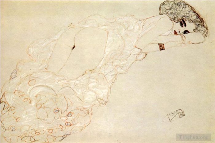 Gustave Klimt Peinture à l'huile - Nu allongé, allongé sur le ventre et tourné vers la droite