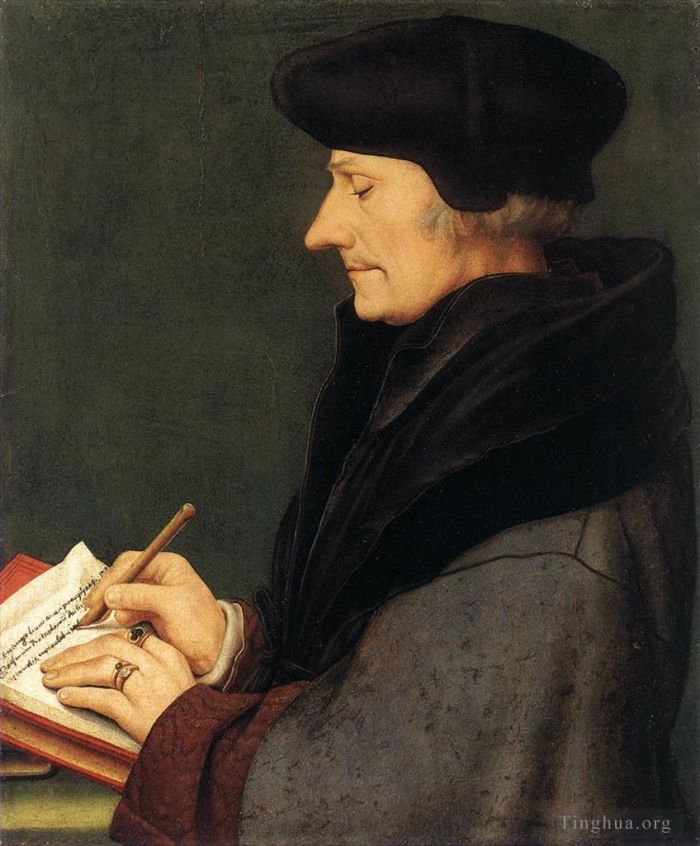 Hans Holbein the Younger Peinture à l'huile - Portrait d'Erasme de Rotterdam Écrit