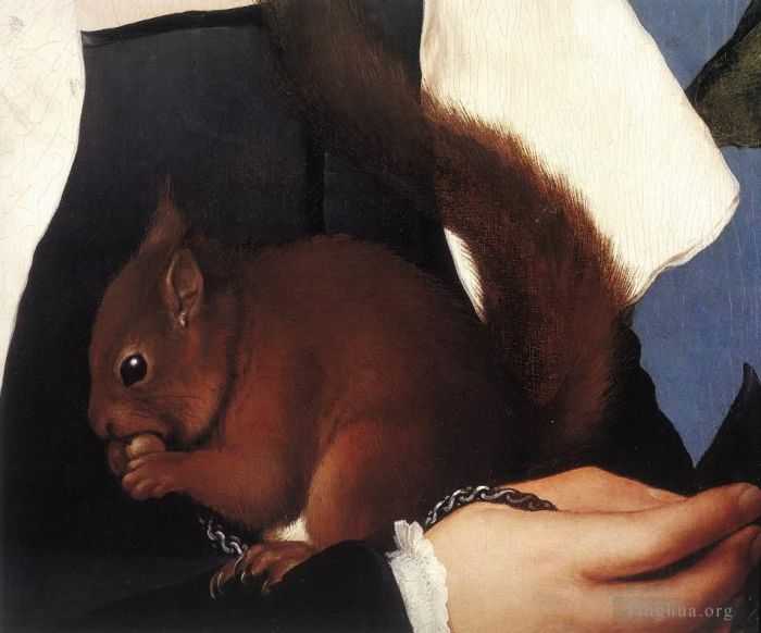 Hans Holbein the Younger Peinture à l'huile - Portrait de dame avec un écureuil et un étourneau détail 1