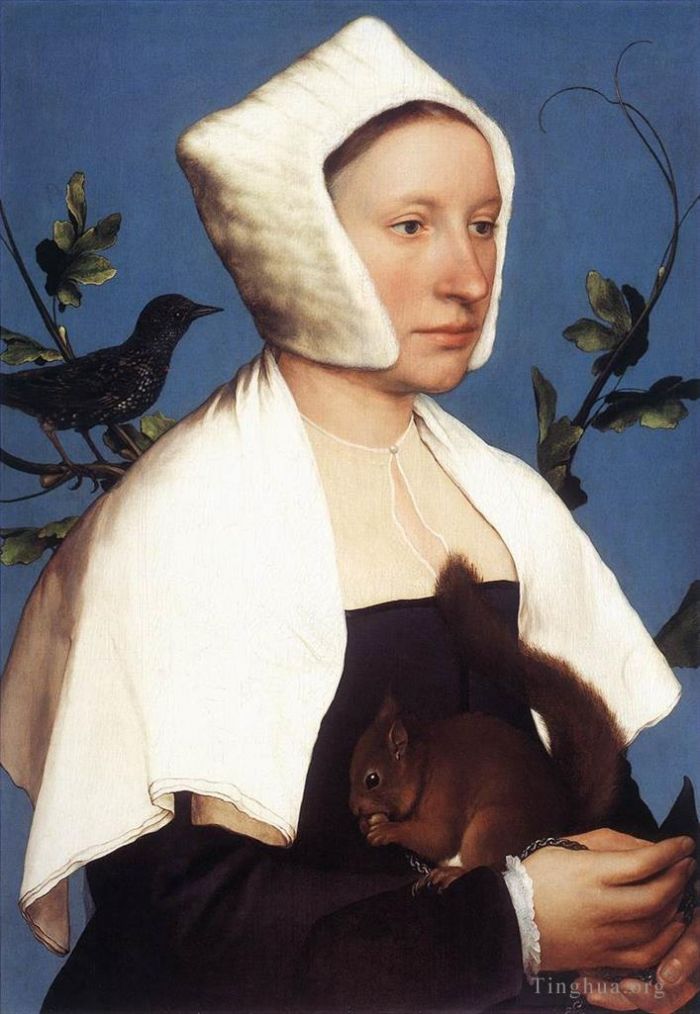 Hans Holbein the Younger Peinture à l'huile - Portrait de dame avec un écureuil et un étourneau