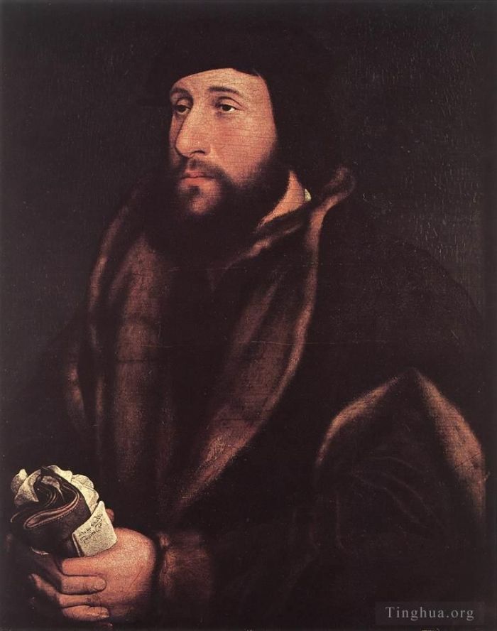 Hans Holbein the Younger Peinture à l'huile - Portrait d'un homme tenant des gants et une lettre