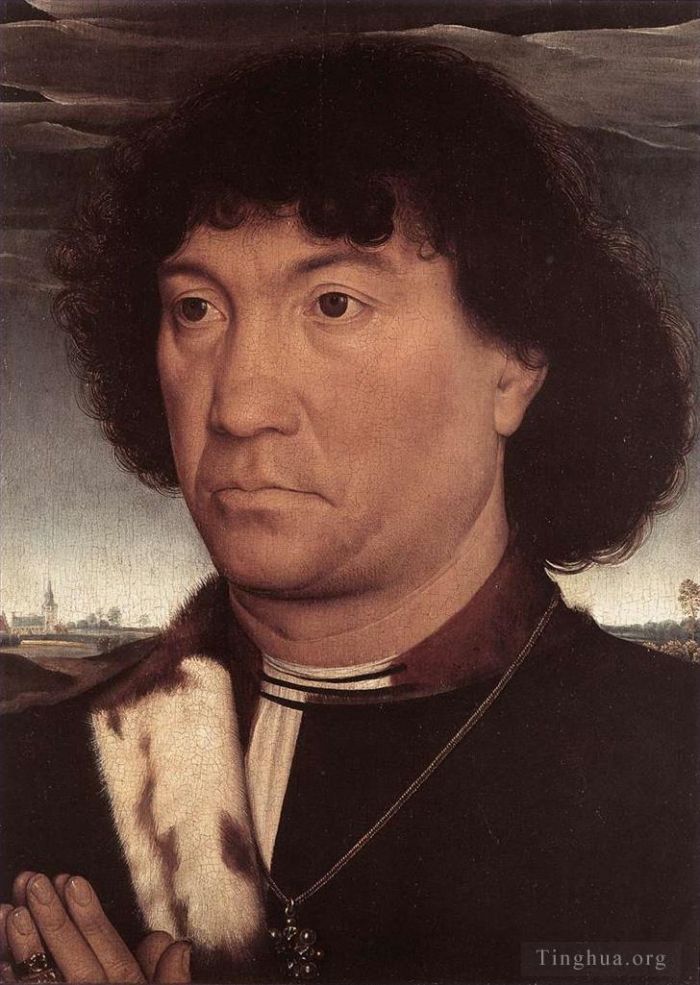 Hans Memling Peinture à l'huile - Portrait d'homme en prière devant un paysage 1480