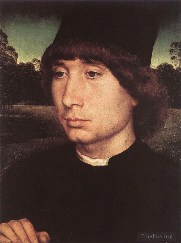 Hans Memling Peinture à l'huile - Portrait d'un jeune homme devant un paysage 1480