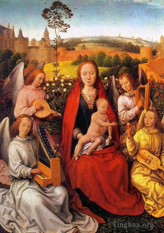 Hans Memling Peinture à l'huile - Vierge à l'Enfant avec des anges musiciens 1480
