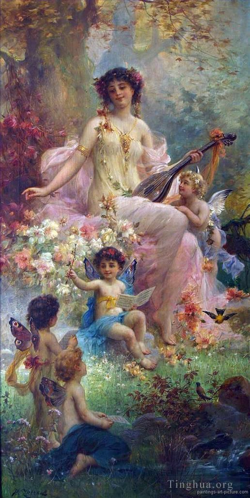 Hans Zatzka Peinture à l'huile - Beauté jouant de la guitare et anges floraux
