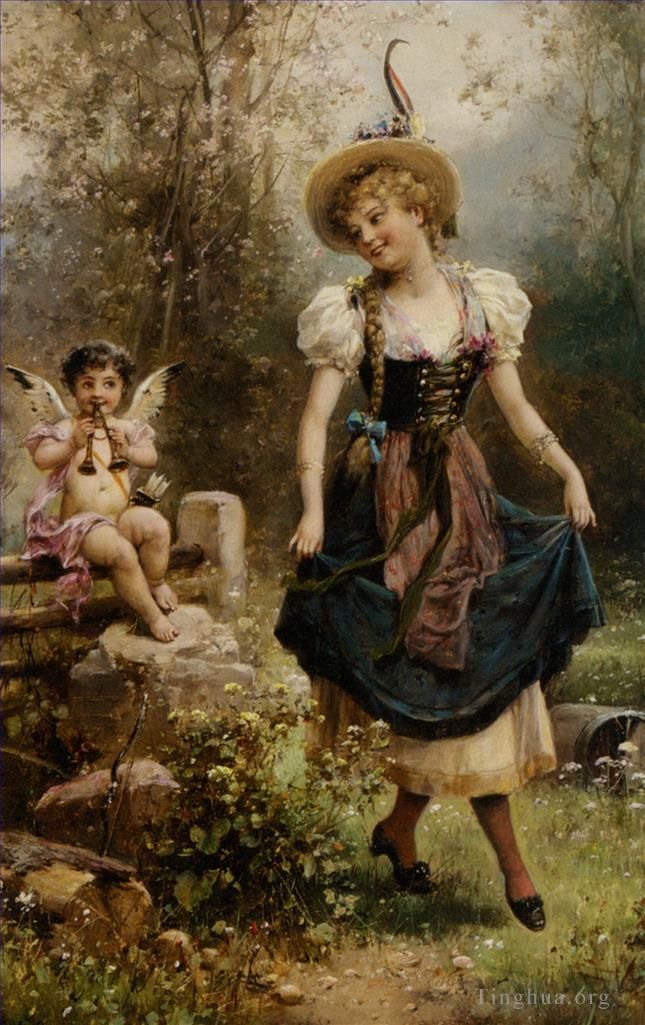 Hans Zatzka Peinture à l'huile - Ange floral et danseuse