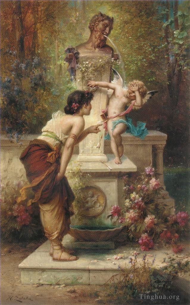 Hans Zatzka Peinture à l'huile - Ange floral et fille jouant