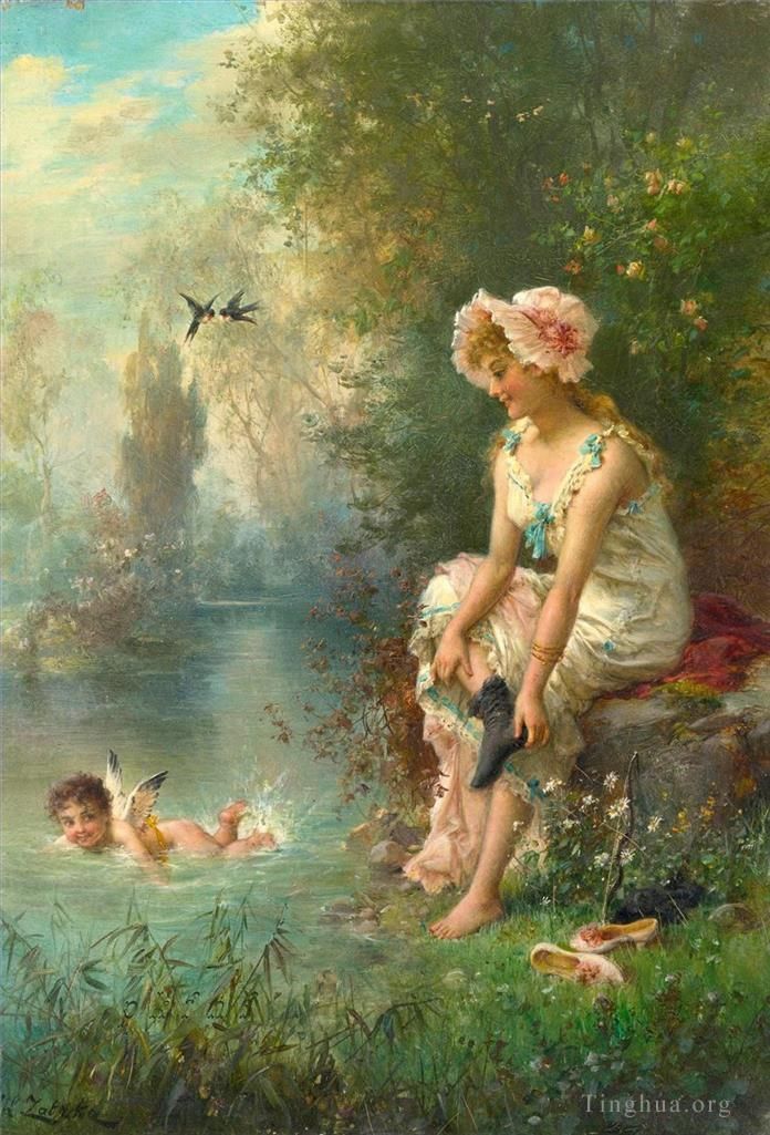 Hans Zatzka Peinture à l'huile - Ange floral et fille