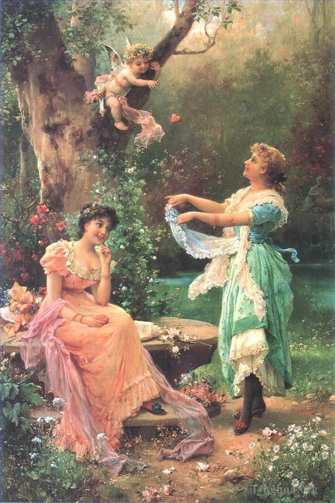 Hans Zatzka Peinture à l'huile - Ange floral et dames