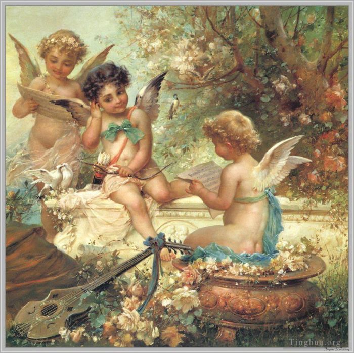 Hans Zatzka Peinture à l'huile - Anges floraux et guitare