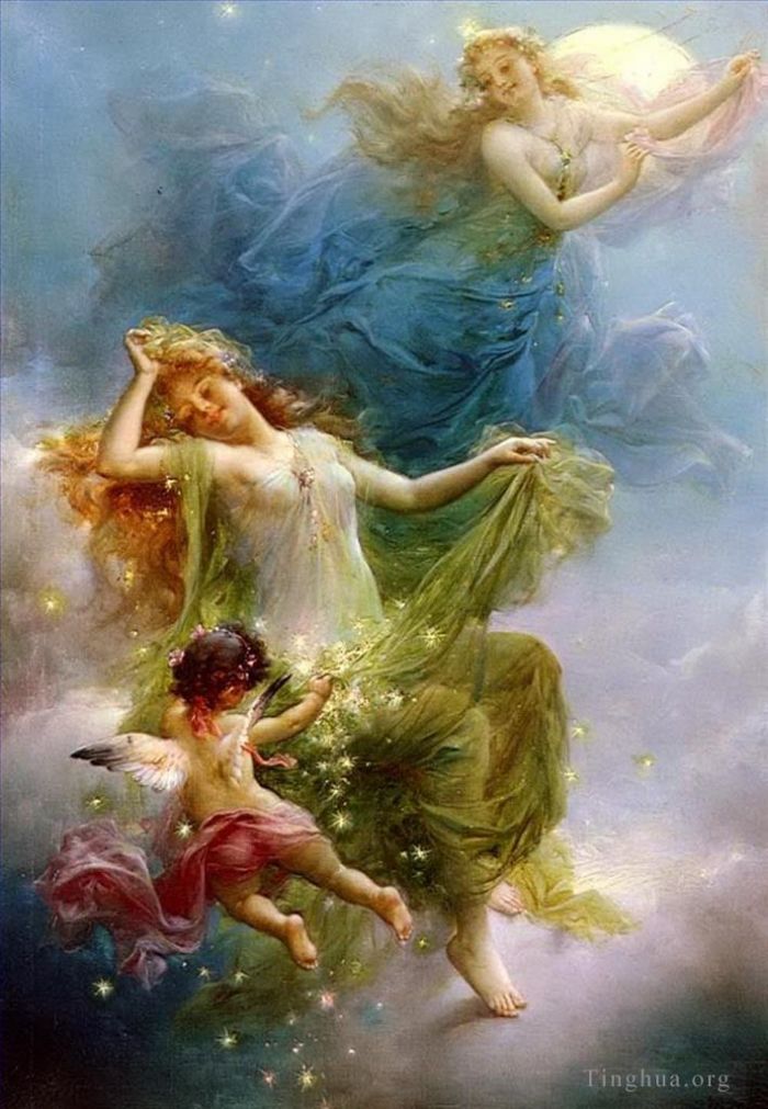 Hans Zatzka Peinture à l'huile - Filles et ange dans le ciel nocturne
