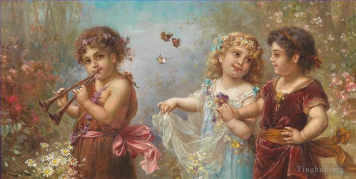 Hans Zatzka Peinture à l'huile - Enfants et papillons en musique
