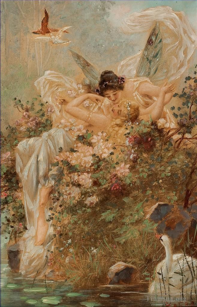 Hans Zatzka Peinture à l'huile - Embrasser des anges et un cygne