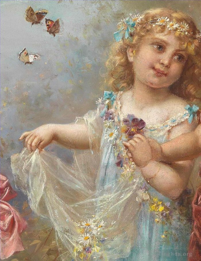 Hans Zatzka Peinture à l'huile - Petite fille et papillon