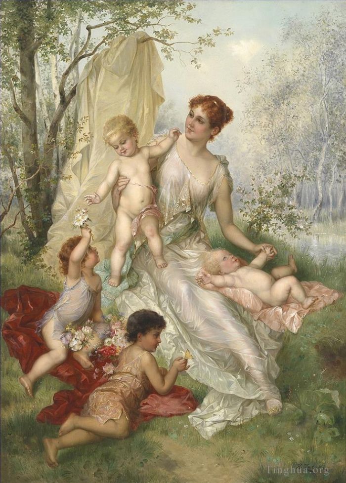 Hans Zatzka Peinture à l'huile - Femme et enfants