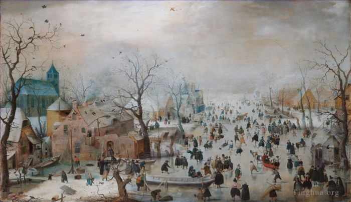 Hendrick Avercamp Peinture à l'huile - Une scène sur la glace près d'un paysage hivernal de la ville
