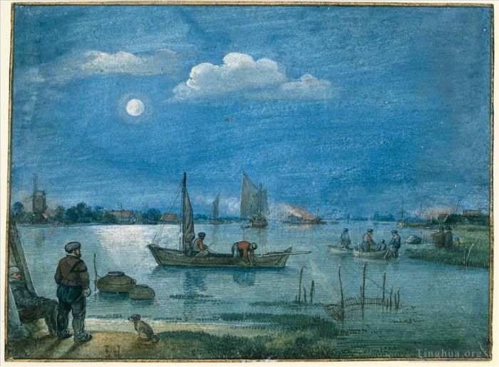 Hendrick Avercamp Types de peintures - Paysage d'hiver des pêcheurs au clair de lune