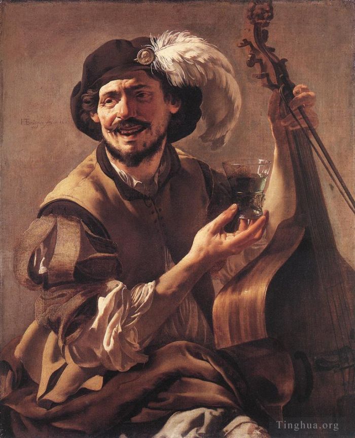Hendrick ter Brugghen Peinture à l'huile - Un bravo riant avec une viole basse et un verre
