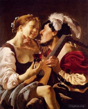 Hendrick ter Brugghen œuvres - Un joueur de luth faisant la fête avec une jeune femme tenant un Roemer