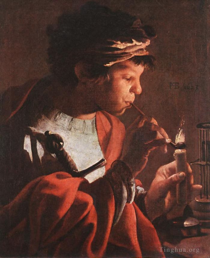 Hendrick ter Brugghen Peinture à l'huile - Garçon allumant une pipe